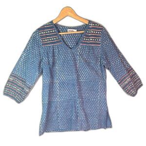 Fabindia Cotton Tunic Blouse Top Medium Blue Boho Beaded Block Print Style Kurta